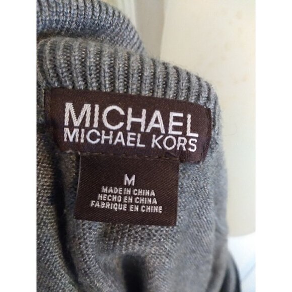 Michael Kors Full Zip Cardigan Gray Front Pockets Faux Leather Shoulders Sz M - Picture 6 of 8